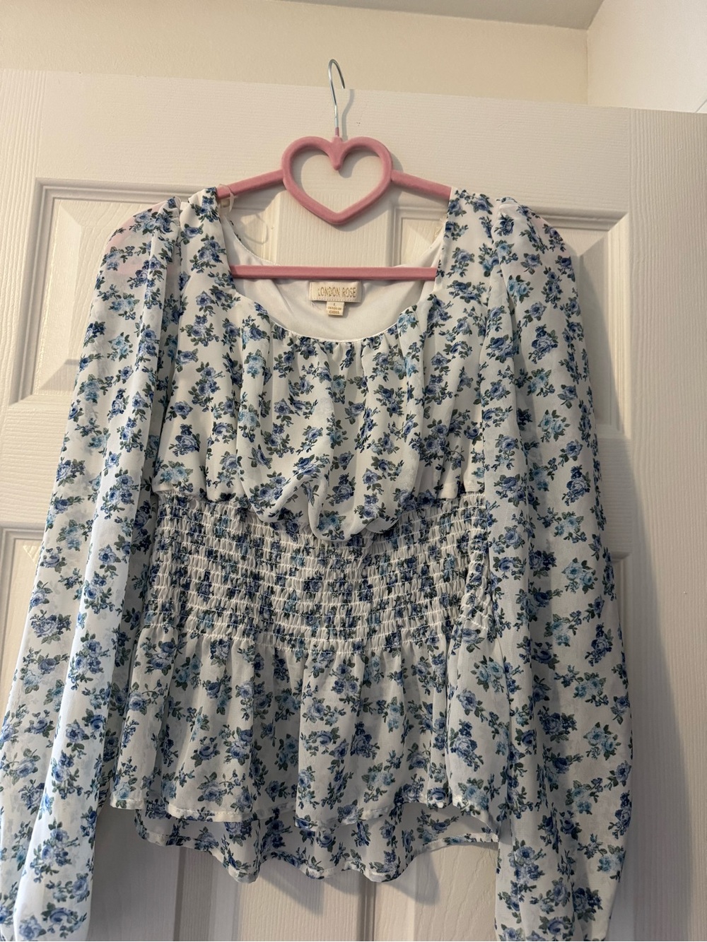 London Rose Blue Floral Smocked Peplum Blouse | Size Large